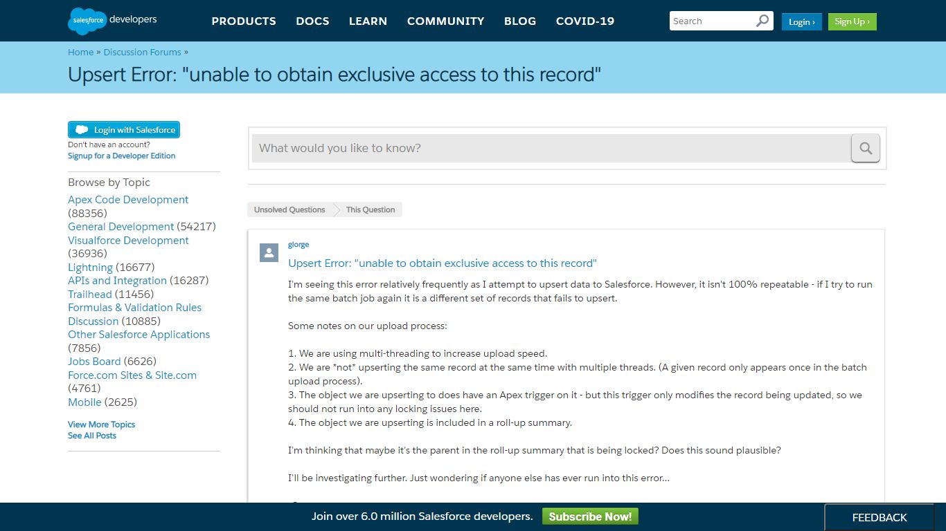 Upsert Error: "unable to obtain exclusive access to this record ...